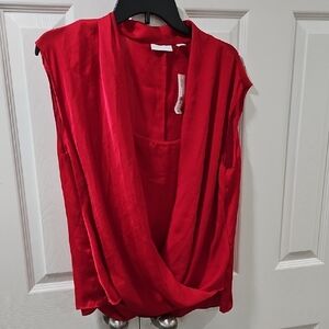 New York & Company Red Sleeveless Wrap Blouse